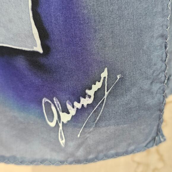 Blue gray silk artisan hand painted scarf signed 16 x 57 - Picture 2 of 6